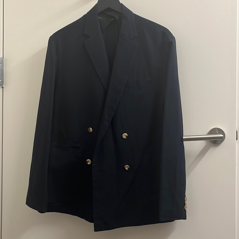 SATURDAYS NEW YORK, black linen I linen double breasted sports coat